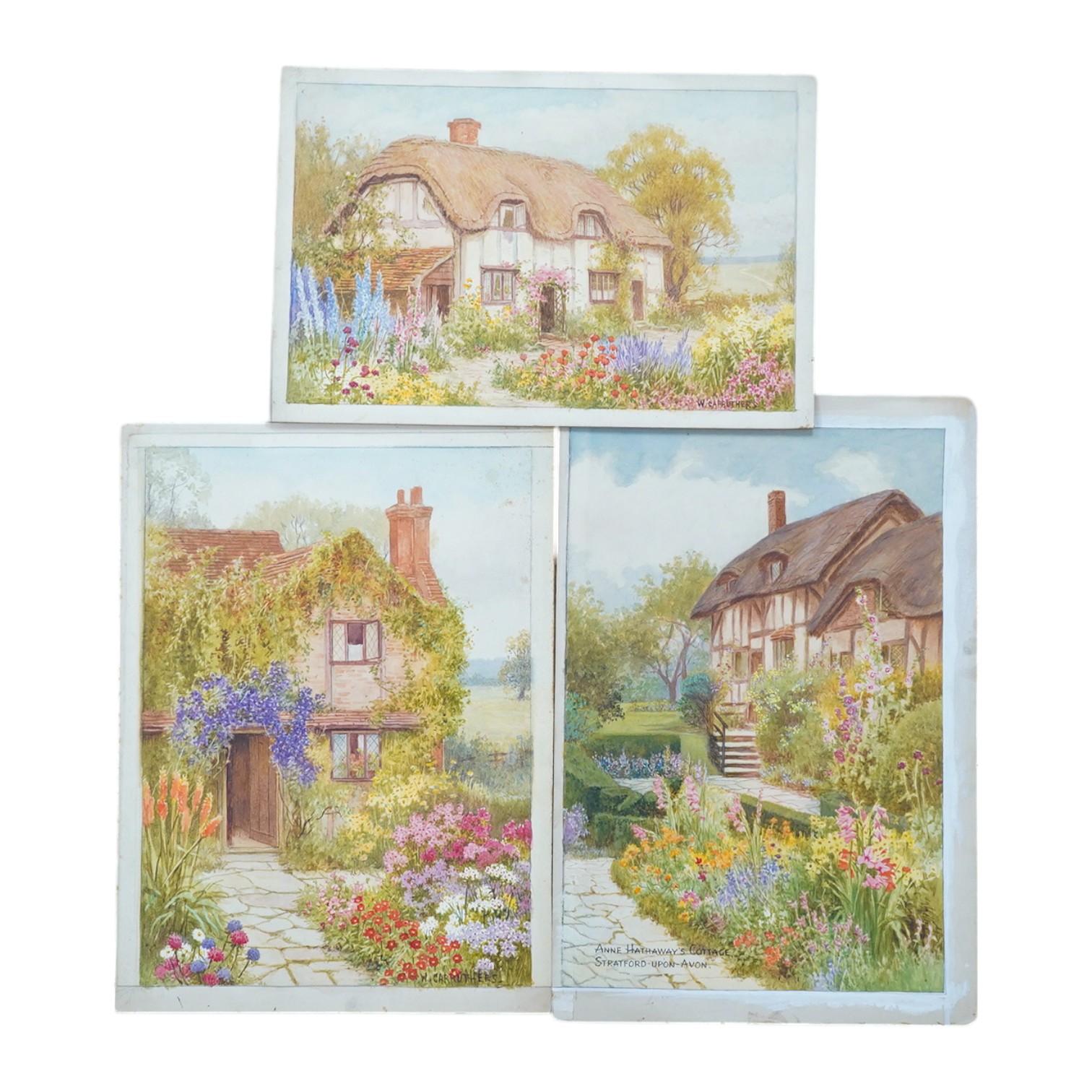 William Affleck, (Aka Carruthers, 1868-1943), three 1930's watercolours on card, comprising ‘Anne Hathaway's cottage, Stratford Upon Avon’, ‘Cottage at Ockley, Surrey’ and ‘cottage at West Hagbourne, Oxford’, two signed,